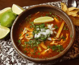 Delicious bowl of traditional Sopa de Lima with lime, chicken, and fresh herbs, served in a rustic bowl for authentic Mexican flavor.