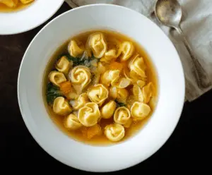 A steaming bowl of tortellini en brodo garnished with fresh herbs, served in a clear broth showcasing tender pasta and savory flavors.