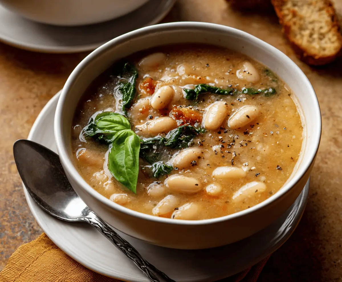 Creamy white bean soup garnished with fresh herbs in a rustic bowl, perfect for a comforting and healthy meal.